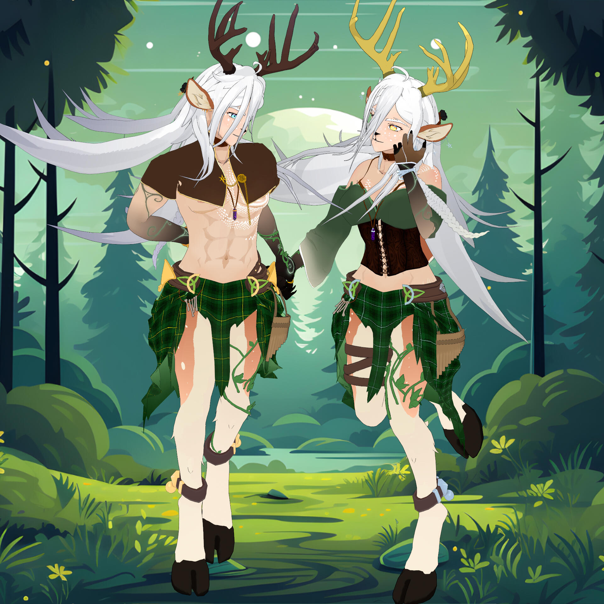 Two Fauns with long white hair, green skirts with a tartan pattern and leather tops stand with their backs to eachother. One is Feminine, one is is Masculine. Her eyes glow bright with white pupils and her antlers glow gold. His eyes glow darker with long