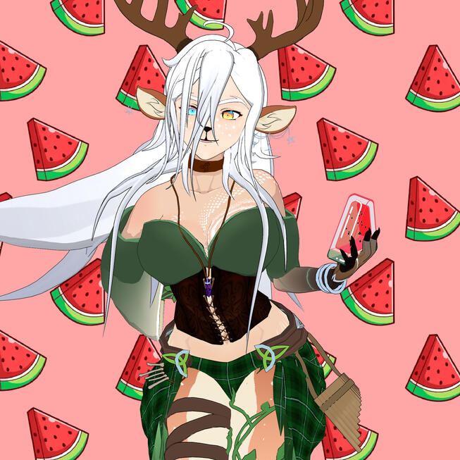 BeoWynn's feminine form from the thighs up, holding a slice of watermelon,